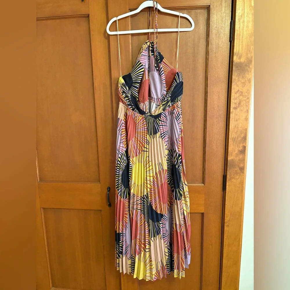 HOUSE OF HARLOW PLEATED TIE-NECK CUT-OUT-BODICE BACKLESS HALTER MAXI DRESS sz L - Picture 6 of 9